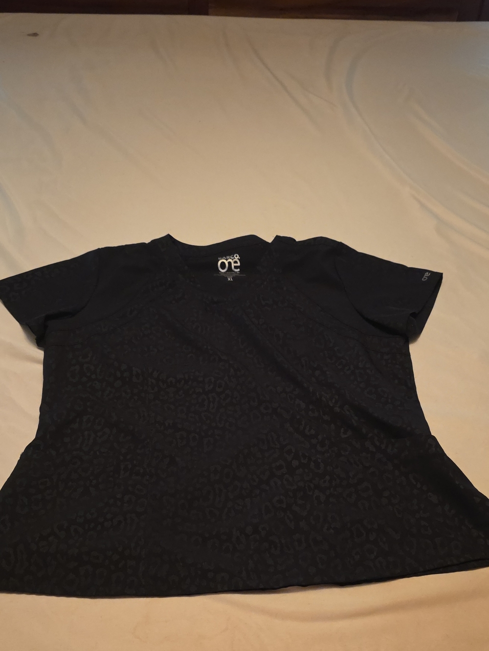 one by HeartSoul Black Short Sleeve Leopard-Print Scrub Top
